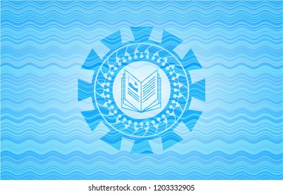 book icon inside light blue water wave style emblem.