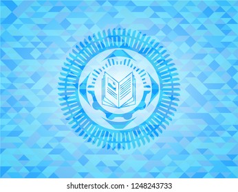 book icon inside light blue emblem with mosaic ecological style background