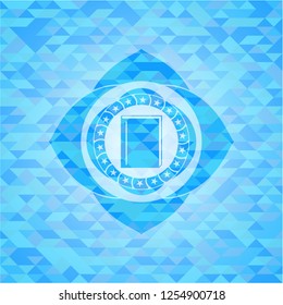 book icon inside light blue emblem. Mosaic background