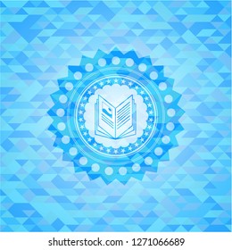 book icon inside light blue emblem with mosaic ecological style background