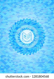 book icon inside light blue emblem with mosaic background