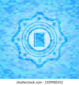 book icon inside light blue emblem. Mosaic background