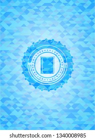 book icon inside light blue emblem. Mosaic background