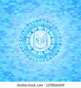 book icon inside light blue emblem with mosaic background