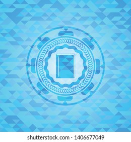 book icon inside light blue emblem with mosaic background