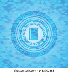 book icon inside light blue emblem. Mosaic background