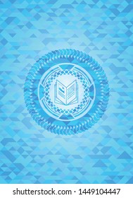 book icon inside light blue emblem with mosaic background