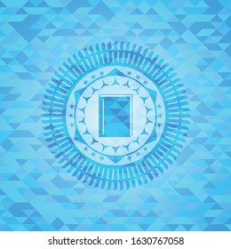 book icon inside light blue emblem. Mosaic background
