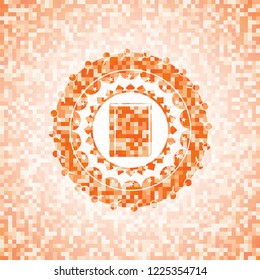 book icon inside orange tile background illustration. Square geometric mosaic seamless pattern with emblem inside.