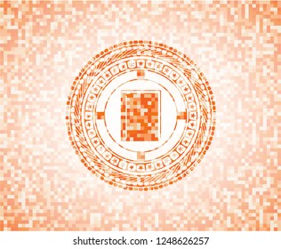 book icon inside orange tile background illustration. Square geometric mosaic seamless pattern with emblem inside.