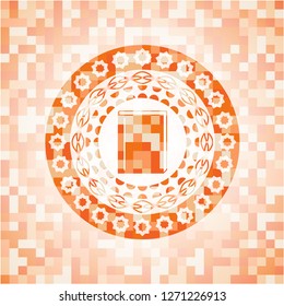 book icon inside orange tile background illustration. Square geometric mosaic seamless pattern with emblem inside.