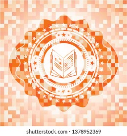 book icon inside orange tile background illustration. Square geometric mosaic seamless pattern with emblem inside.