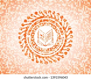 book icon inside orange tile background illustration. Square geometric mosaic seamless pattern with emblem inside.