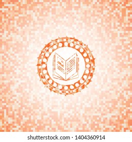 book icon inside orange tile background illustration. Square geometric mosaic seamless pattern with emblem inside.