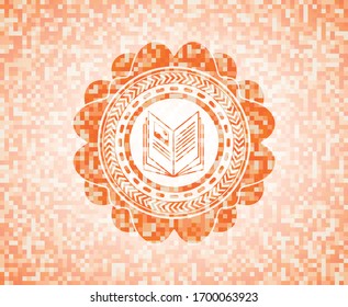 icono del libro dentro de la ilustración de fondo de mosaico naranja. Mosaico geométrico cuadrado sin fisuras con emblema interior.