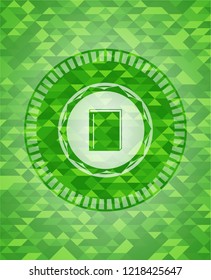 book icon inside realistic green emblem. Mosaic background