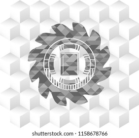 book icon inside realistic grey emblem with cube white background