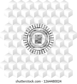 book icon inside realistic grey emblem with cube white background