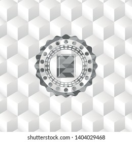 book icon inside realistic grey emblem with geometric cube white background
