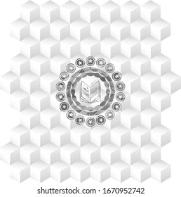 Buchsymbol innerhalb eines realistischen grauen Emblems mit geometrischem, weißem Hintergrund
