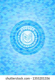 book icon inside realistic light blue emblem. Mosaic background