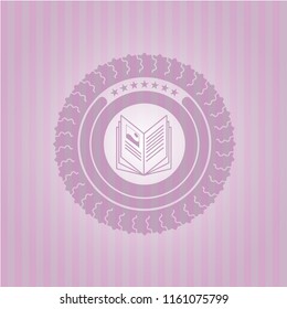 book icon inside realistic pink emblem