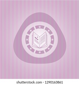 book icon inside realistic pink emblem