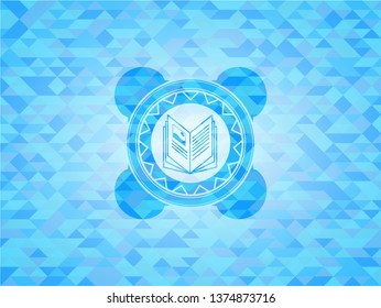book icon inside realistic sky blue emblem. Mosaic background
