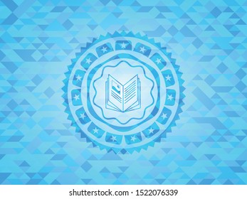 book icon inside realistic sky blue emblem. Mosaic background