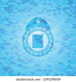 book icon inside realistic sky blue emblem. Mosaic background