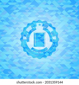 book icon inside realistic sky blue emblem. Mosaic background. 