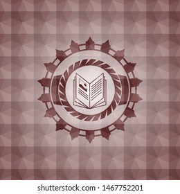 book icon inside red badge with geometric pattern background. Seamless.