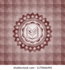 book icon inside red emblem with geometric background. Seamless.