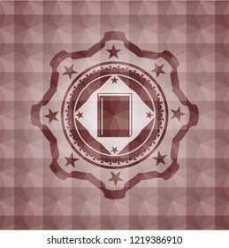 book icon inside red emblem with geometric pattern background. Seamless.