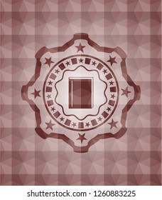 book icon inside red emblem or badge with abstract geometric polygonal pattern background. Seamless.