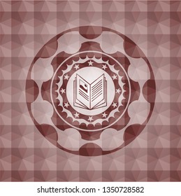 book icon inside red emblem or badge with abstract geometric polygonal pattern background. Seamless.