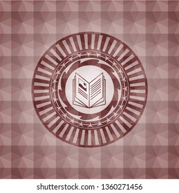 book icon inside red emblem or badge with abstract geometric polygonal pattern background. Seamless.