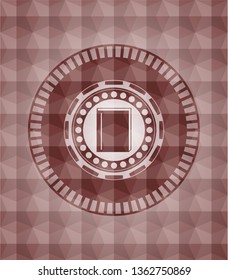 book icon inside red emblem or badge with abstract geometric polygonal pattern background. Seamless.