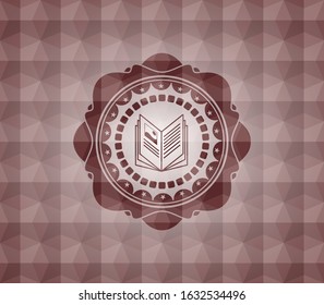 book icon inside red emblem or badge with geometric pattern background. Seamless.