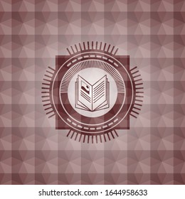 book icon inside red emblem with geometric background. Seamless.