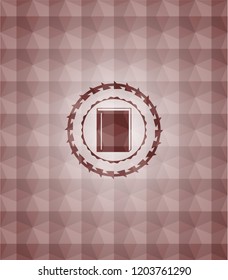 book icon inside red seamless emblem or badge with abstract geometric pattern background.