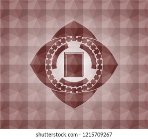 book icon inside red seamless emblem or badge with abstract geometric pattern background.