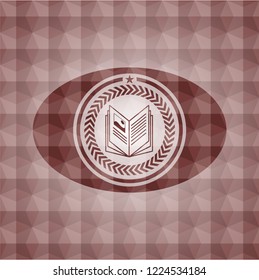 book icon inside red seamless emblem with geometric background.