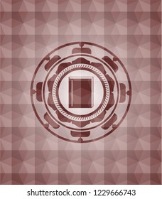 book icon inside red seamless geometric pattern emblem. Seamless.