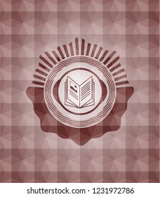 book icon inside red seamless badge with geometric pattern background.