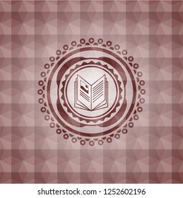 book icon inside red seamless emblem or badge with abstract geometric pattern background.