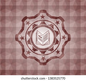 book icon inside red seamless emblem with geometric pattern background.