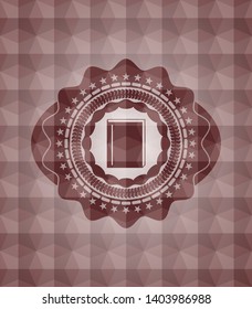 book icon inside red seamless emblem or badge with geometric pattern background.
