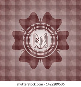 book icon inside red seamless badge with geometric background.