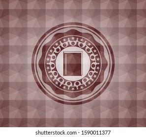 book icon inside red seamless emblem or badge with abstract geometric polygonal pattern background.